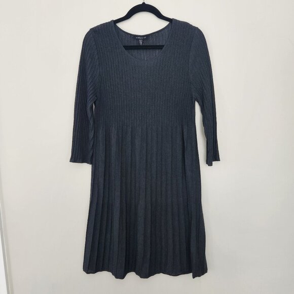 Eileen Fisher Dress Womens PM Wool Pleated Ribbed Knee Length Minimalist Gray  - - Picture 1 of 9
